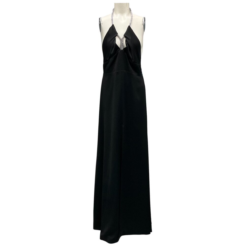GENNY BLACK RHINESTONE EMBELLISHED HALTER NECK SATIN GOWN